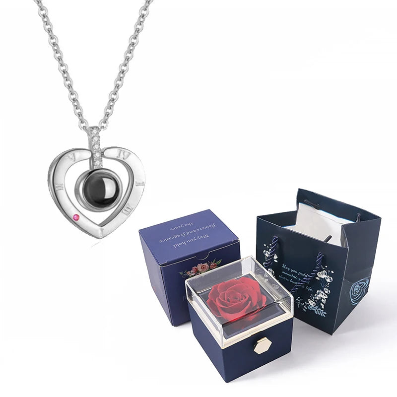 I Love You Projection Necklace With Rotating Rose and Gift Box