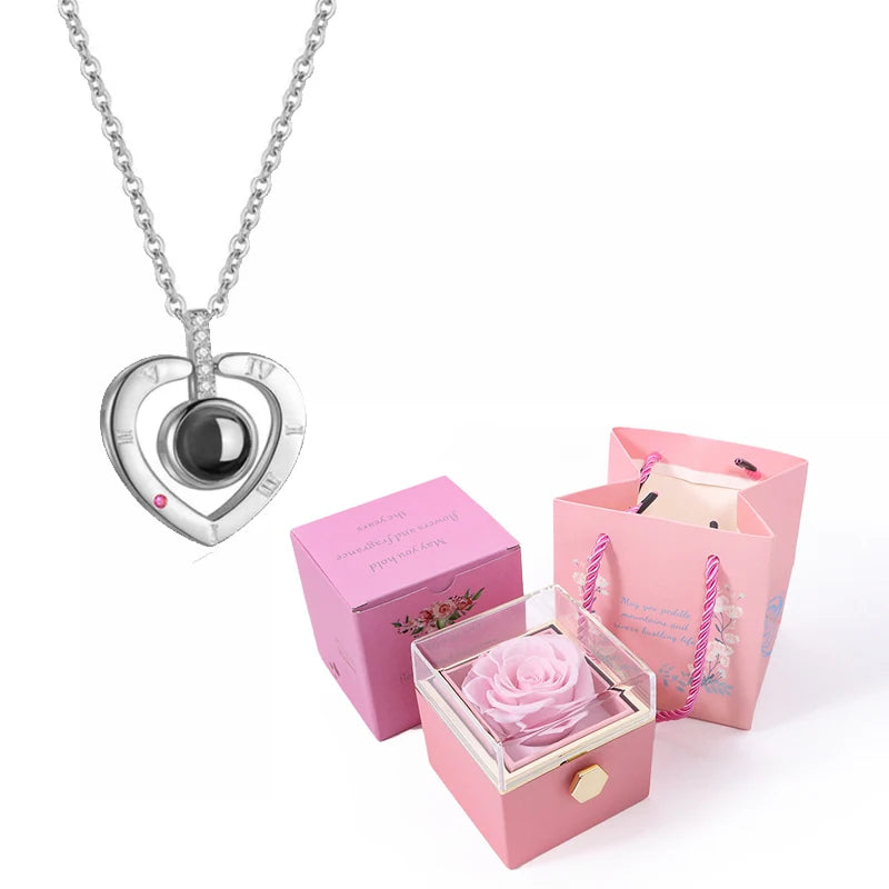 I Love You Projection Necklace With Rotating Rose and Gift Box