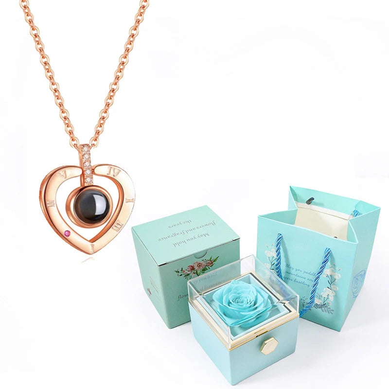 I Love You Projection Necklace With Rotating Rose and Gift Box