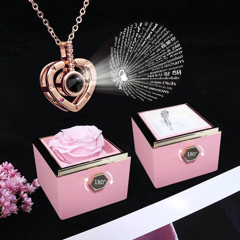 I Love You Projection Necklace With Rotating Rose and Gift Box