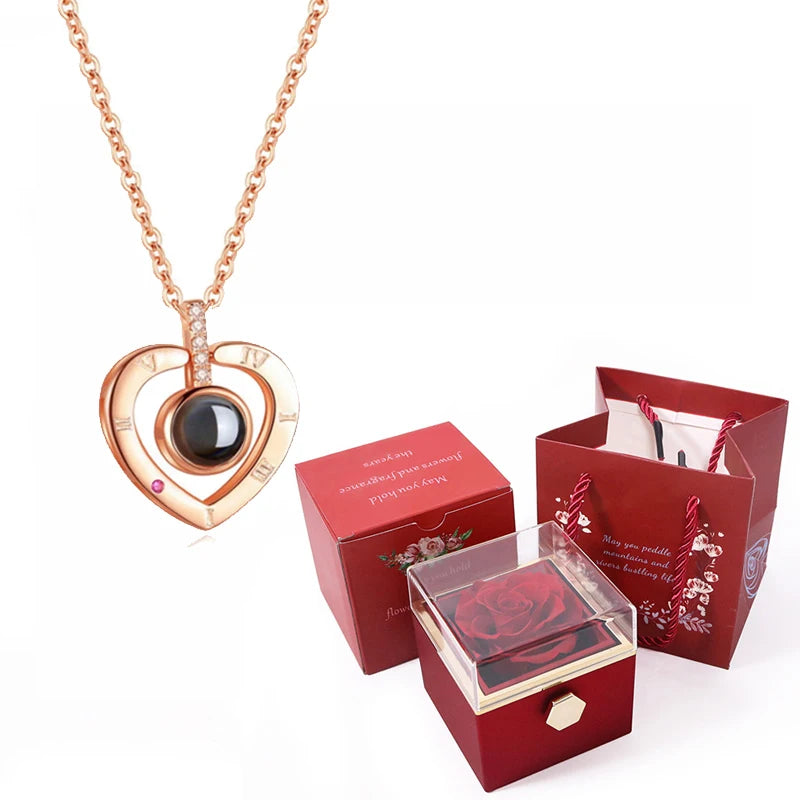 I Love You Projection Necklace With Rotating Rose and Gift Box