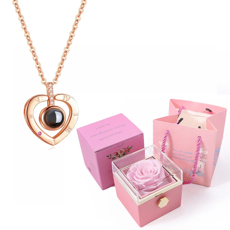 I Love You Projection Necklace With Rotating Rose and Gift Box