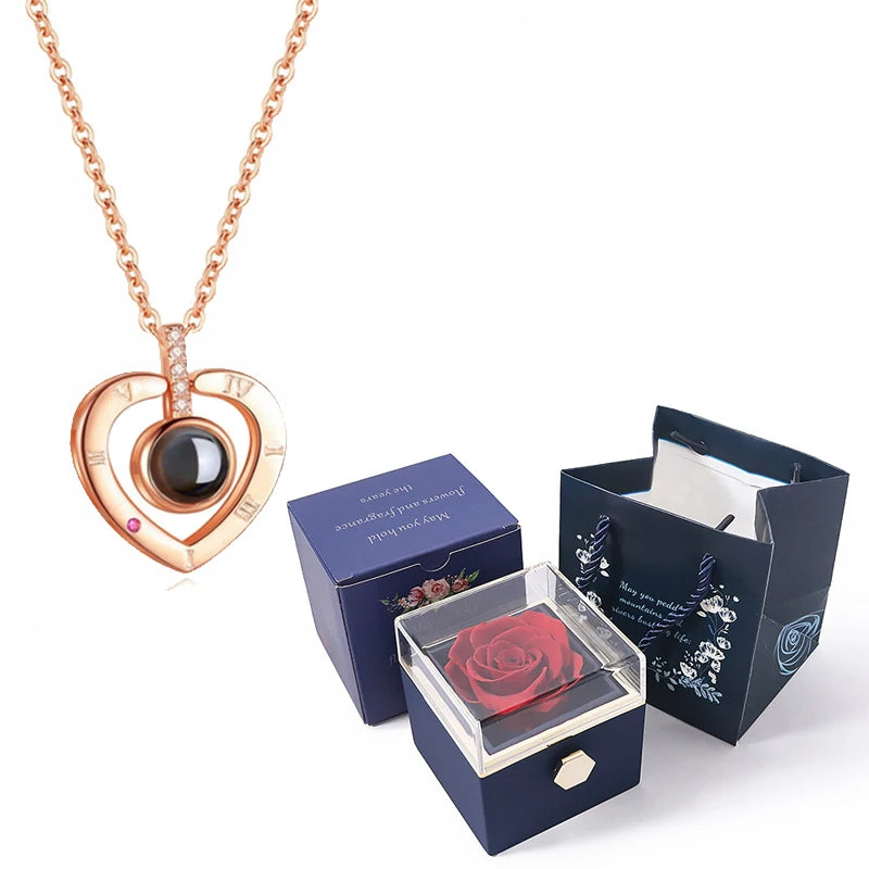 I Love You Projection Necklace With Rotating Rose and Gift Box