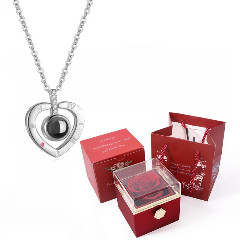 I Love You Projection Necklace With Rotating Rose and Gift Box