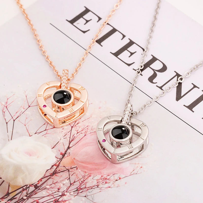 I Love You Projection Necklace With Rotating Rose and Gift Box